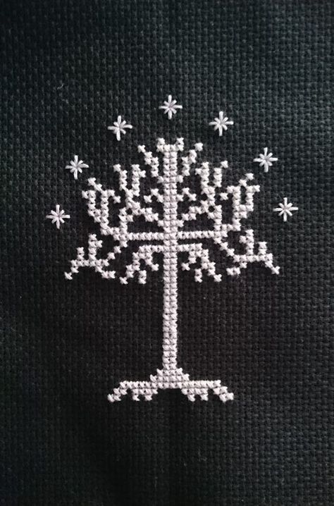 Tree Of Gondor Cross Stitch, Lotr Pattern, Cross Stitch Trees, White Tree Of Gondor, Tree Of Gondor, Tiny Cross Stitch, Mini Cross Stitch, White Tree, Perler Bead Patterns