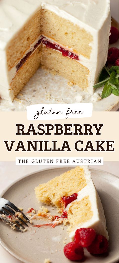 This easy to make Gluten Free Vanilla Raspberry Cake has two layers of soft, tender vanilla almond cake, filled with delicious raspberry jam and frosted with vanilla buttercream. Perfect for Mother's Day. Vanilla Raspberry Cake, Vanilla Almond Cake, Gluten Free Vanilla Cake, Gluten Free Dairy Free Dessert, Gluten Free Cake Recipe, Almond Cake Recipe, Dairy Free Cake, Gluten Free Cupcakes, Gluten Free Bakery