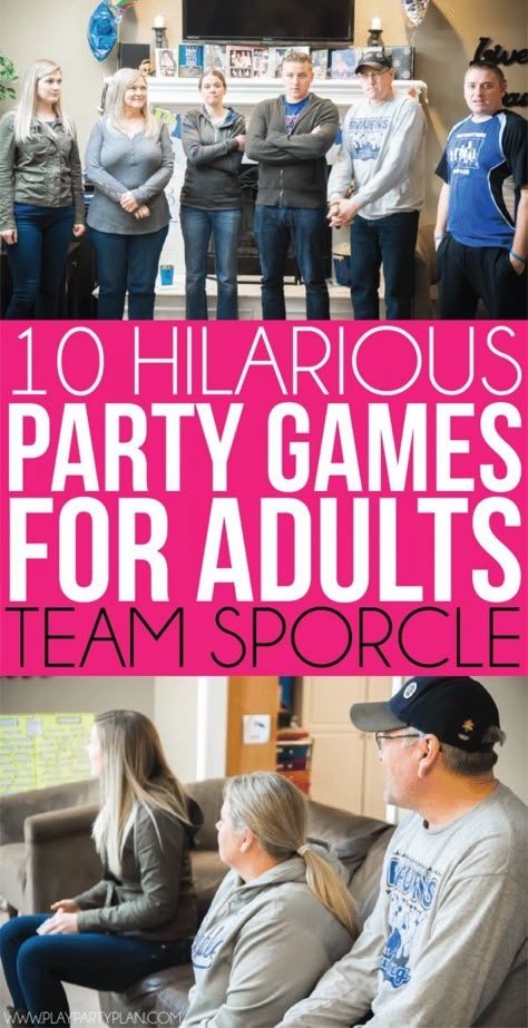 10 hilarious party games for adults that would work great for teens or for groups too! Play indoor or outdoor at a family reunion or birthday party! It doesn’t matter, they’re funny either way! And best of all, no drinking or alcohol required! Hilarious Party Games, Party Games Group, Indoor Party Games, Thanksgiving Games For Adults, Relay Games, Party Games For Adults, Birthday Games For Adults, Funny Party Games, Outdoor Party Games