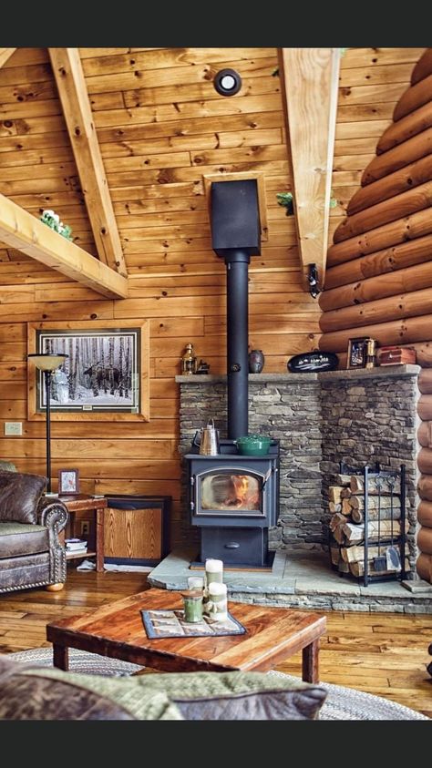 Wood Burning Stove Corner, Corner Wood Stove, Wood Stove Surround, Cute Prom Hair, Wood Stove Hearth, Wood Burning Stoves Living Room, Hairstyles Straight Hair, Log Cabin Living, Log Cabin Ideas