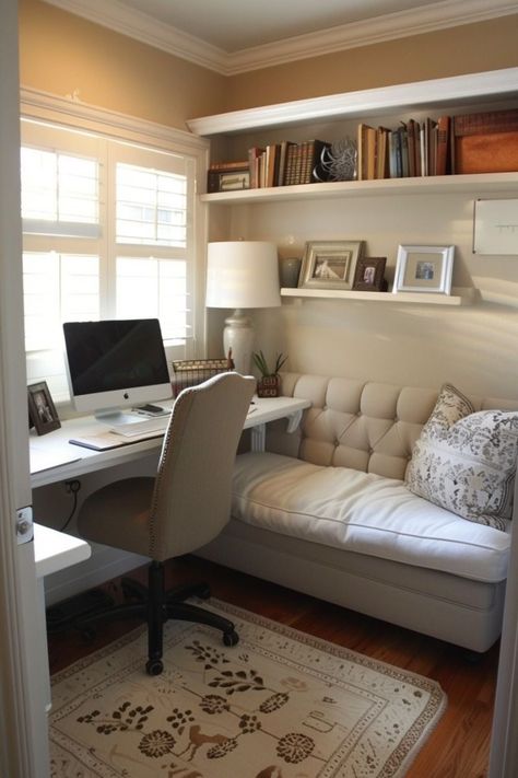 Desk Around Window, Tiny Study Room, Small Office Room Ideas, Small Home Office Ideas Workspaces, Home Office Small Room, Bedroom Workspace Ideas, Desk Under Window, Small Study Room Ideas, Small Room Office Ideas