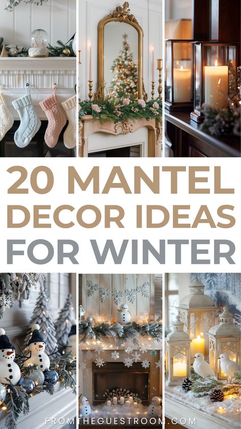 mantel decor ideas in winter Winter Wonderland Mantle Ideas, Black And White Mantel Decor, Christmas Mantel Decor Ideas 2024, Decorating Mantel Ideas For Christmas, Snowman Mantel Decorating Ideas, Winter Decor Inspiration, January Garland Ideas, Winter Wonderland Mantel Decor, Living Room Winter Decor