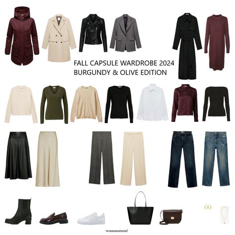 Autumn Capsule Wardrobe: Neutrals Elevated with Burgundy & Olive - WomenOnTrend Burgundy Capsule Wardrobe, Neutral Capsule Wardrobe, Olive Sweater, Burgundy Shirt, Beige Coat, Leather Midi Skirt, Winter Capsule Wardrobe, Spring Capsule Wardrobe, Effortlessly Chic Outfits