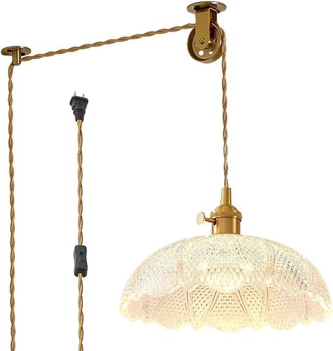 Oyisen Hanging Lamp Plug in,Golden Adjustable Light Cord Plug in Overhead Light 9.8 Inch Glass Lampshade Plug in Light Fixture Vintage Plug in Pendant Light - Amazon.com Swag Light Fixture, Light Fixtures Kitchen Island, Overhead Light, Plug In Pendant Light, Swag Lamp, Swag Light, Glass Lampshade, Overhead Lighting, Ceiling Fan In Kitchen