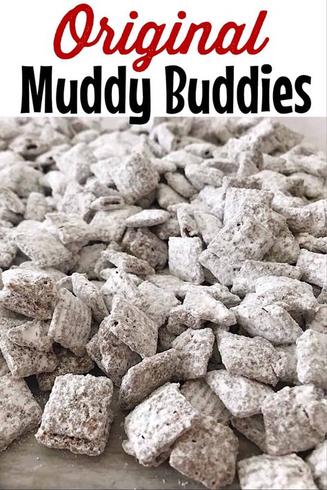 Holiday Muddy Buddies Recipe - The Mommy Mouse Clubhouse #puppychow The original Muddy Buddies recipe that is perfect for any holiday gathering like the 4th of July, Halloween, Christmas, Valentine’s Day, and Easter! #muddybuddies #snack #party #partyfood #kidfriendly #kidsnack #holidays #Christmas #4thofJuly Puppy Chow Crispix Recipe, Chex Muddy Buddies Recipe, Chex Mix Recipes Original, Puppy Chow Chex Mix Recipe, Chex Mix Puppy Chow, Muddy Buddies Recipe, Chow Recipe, Muddy Buddy, Puppy Chow Recipes