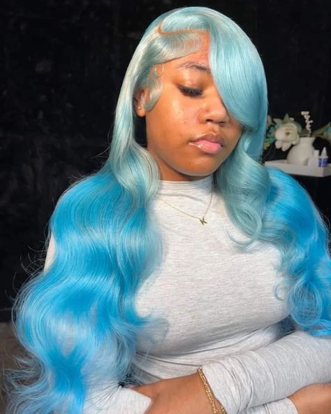 so cuteee 🩵 Blue Wig Hairstyles For Black Women, Light Blue Wigs For Black Women, Different Color Wigs, Blue Wigs For Black Women, Colored Wigs For Black Women, Blue Lace Wig, Light Blue Wig, Blue Bob Wig, Ice Blue Hair