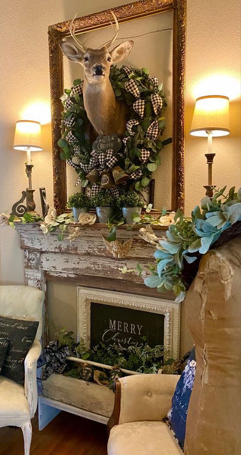 Deer Mount Above Fireplace, Christmas Deer Antler Decor, How To Decorate Deer Mounts For Christmas, Decorating With Deer Heads, Hunting Christmas Decor, Christmas Decorated Antlers, Elk Antler Christmas Decor, Decorated Deer Head, Decorating With Deer Mounts