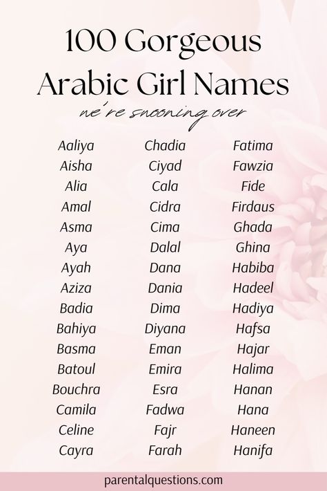 Searching for a list of the perfect modern and unique Arabic baby girl names? We’re sharing 100 rare Muslim girl names with meanings. You’ll find unique, cute, and modern Arabic girl names. Click through for the full Islamic girl name list. South Asian Names, Arabic Last Names, Girls Names Unique Muslims, Arabic Girl Names With Meaning, Islamic Girl Names With Meaning, Islamic Names For Girls Baby, Islamic Baby Girl Names Muslim, Beautiful Arabic Names, Muslim Girls Names With Meaning