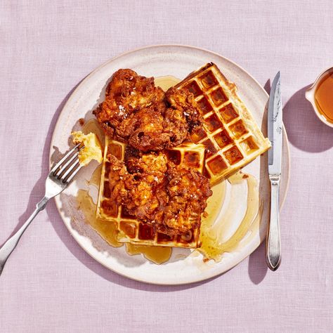 Best Chicken and Waffles Recipe | Bon Appétit Best Chicken And Waffles Recipe, Chicken Fried Cauliflower, Chicken And Waffles Recipe, Amber Hill, Cauliflower Bread, Belgian Waffle Maker, Waffles Recipe, Fried Cauliflower, Belgian Waffles