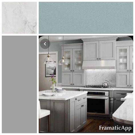 White countertops, grey cabinets, muted green walls 🤍 Green Kitchen Grey Cabinets, Grey Wall Kitchen White Cabinets, Light Blue Kitchen Walls Grey Cabinets, Grey Kitchen Cabinets And Wall Color, Kitchen Wall Paint Colors With Gray Cabinets, Kitchen Wall Color With Grey Cabinets, Gray Kitchen Cabinets Wall Color Ideas, Kitchen Paint With Grey Cabinets, Kitchen Wall Colors With Grey Cabinets Paint Colours