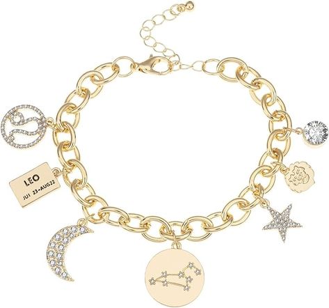 Amazon.com: Personalization Collection Gold Plated Zodiac Bracelet | Constellation Symbol | Name Plate | Moon | Constellation | Star | Stone | Charms | Chain Bracelet for Women Gifts (Gold Plated - Aquarius): Clothing, Shoes & Jewelry Moon Constellation, Symbol Name, Zodiac Jewellery, Jewelry Mood Board, Aquarius Constellation, Chain Bracelet For Women, Zodiac Bracelet, Rainbow Bracelet, Classic Bracelets