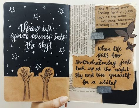 Art journal ideas | Night sky aesthetic | Sky Journal Ideas, Birthday Journal Ideas Aesthetic, Sketching Quotes, Journal Ideas Night, Night Sky Aesthetic, Music Themed Bedroom, Ideas For Journaling, Art Portfolio Ideas, Art Ideas For School