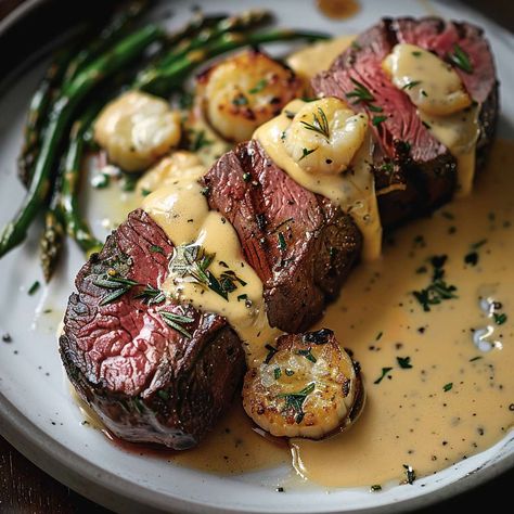 Crab-Stuffed Beef Tenderloin with Béarnaise Bliss Lobster Stuffed Beef Tenderloin, Steak Oscar With Crab Bearnaise Sauce, Stuffed Beef Tenderloin Recipes, Fancy Dinner Recipes Fine Dining, Gourmet Beef Recipes, Gourmet Recipes Fancy, Christmas Dinner Beef, Luxury Recipes, Peppercorn Cream Sauce