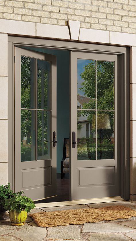 Marvin Doors: Premium Quality, Long ... Marvin French Doors, Exterior Doors Backyard, Exterior Bedroom Doors, Marvin Front Entry Doors, Steel French Doors Patio Exterior, External Doors Ideas, Patio Door Colors, Kitchen Shelving Decor, French Exterior Doors