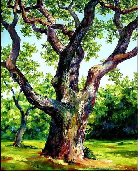 Oak Tree Oil Painting, Oak Tree Acrylic Painting, How To Paint An Oak Tree, Realistic Tree Painting, Tree Stump Painting, Big Tree Painting, Simple Tree Painting, Painting Tree Branches, Red Wood Tree