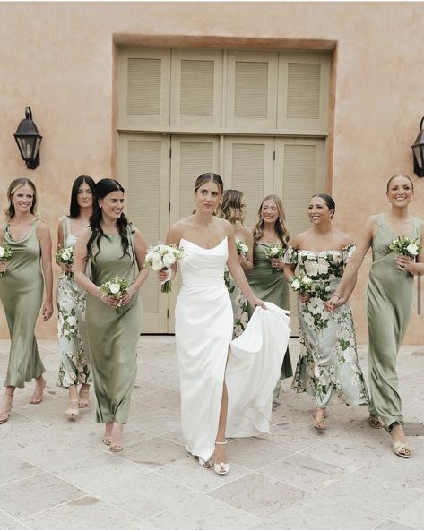 42 Best Green Bridesmaids Dresses: The Ultimate edit Mixed Green Bridesmaid Dresses, Mismatched Green Bridesmaid Dresses, Light Green Bridesmaid Dresses, Bridesmaid Dress Color Schemes, Wedding Ideas 2024, Green Bridesmaids Dresses, Patterned Bridesmaid, Olive Green Bridesmaid Dresses, Garden Wedding Bridesmaids