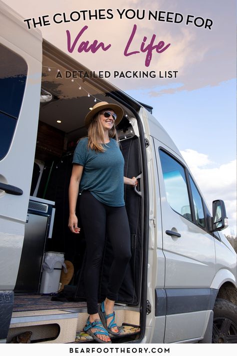 Adventurous women! Minimize your wardrobe for van life with this van life clothing packing list featuring functional and verstaile pieces for road tripping. Vanlife Packing List, Camping Packing List Clothes, Van Life Fashion, Van Life Packing List, Camper Van Security, Van Life Clothes, Van Life Wardrobe, Camper Wardrobe, Clothing Packing List