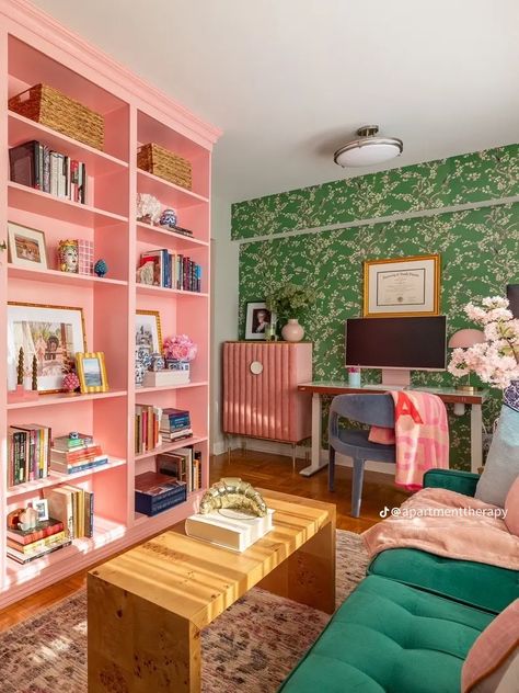 Pink Eclectic Decor, Pink Billy Bookcase, Girly Home Library, Pink Built In Bookcase, Maxamilist Home Office, Girly Library Room, Colorful Library Room, Living Room Craft Room Combo, Pink Shelving