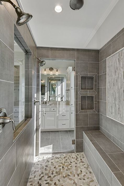 Walk In Showers With Bench Seats, Walk In Shower From Both Sides, Walk Thru Shower Ideas, Custom Walk In Shower Ideas, Shower Aesthetic Ideas, Custom Tile Shower Ideas, Custom Showers Walk In, Walk In Showers With Bench, Walk Through Showers