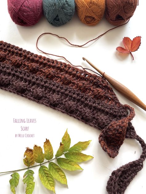 Melu Crochet: Falling Leaves Scarf – MELU Crochet Autumn Scarf Crochet, Fall Scarf Crochet, Autumn Scarf, Falling Leaf, Leaf Scarf, Crochet Stitches Guide, Pompom Scarf, Modern Crochet Patterns, Dog Walk