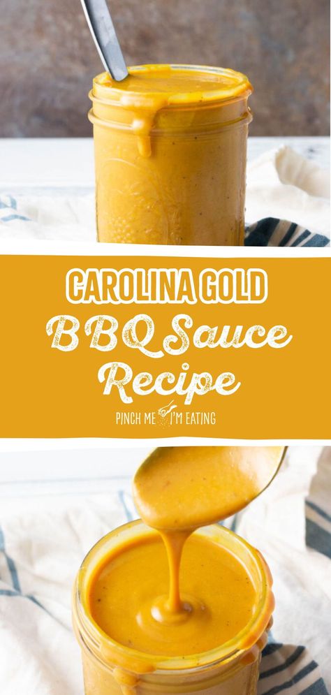 Discover the best homemade BBQ sauce recipe with this mustard-based South Carolina BBQ sauce recipe. This authentic Carolina Gold sauce is sweet, tangy, and perfect for pulled pork, chicken, or ribs. Learn how to make this delicious condiment at home in just five minutes, ideal for adding a Southern twist to your BBQ dishes. Carolina Mustard Bbq Sauce Recipes, Canned Sauce Recipes, Mustard Vinegar Bbq Sauce, Carolina Pulled Pork Sauce, Mustard Bbq Sauce Recipe, Carolina Gold Bbq Sauce, Carolina Bbq Sauce Recipe, How To Make Bbq Sauce, Homemade Bbq Sauce