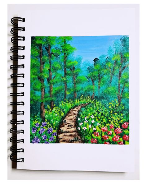 #acrylic #painting #sketchbook #journal #trees #path #flowers Painting Sketchbook, Mini Canvases, Sketchbook Journal, Small Canvas Paintings, Forest Path, Small Canvas, Canvas Paintings, Tree Painting, Starry Night