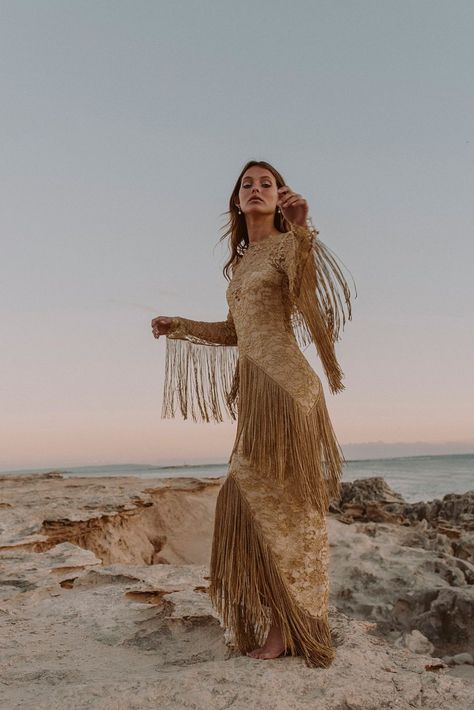 Fleetwood of London’s Free Spirited Wedding Dress Collection Boho Glam Wedding Dress, Essence Photoshoot, Free Spirited Wedding Dress, Desert Wear, Festival Bride, Wedding Dress Collection, Gold Wedding Dress, Looks Country, Mode Boho