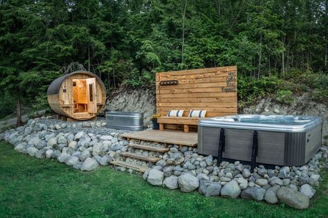 Outdoor Ice Bath Ideas, Backyard Sauna Cold Plunge, Outdoor Sauna And Ice Bath, Barrel Sauna Backyard, Barrel Sauna Landscaping, Sauna Hot Tub Combo Outdoor, Outdoor Wellness Area, Ice Bath Tub Diy, Garden Sauna Ideas