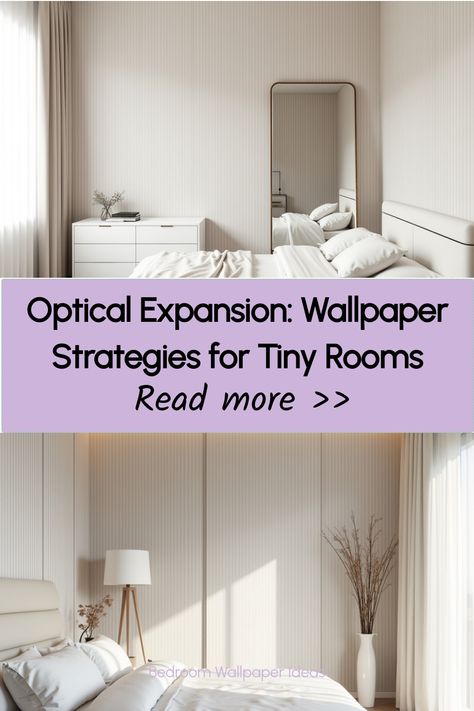 Neutral striped wallpaper enhancing small bedroom dimensions Minimalist Wallpaper Bedroom, Wallpaper In Small Bedroom, Small Bedroom Wallpaper Ideas, Small Bedroom Wallpaper, Wallpaper Ceiling Bedroom, Wallpaper Small Space, Small Room Wallpaper, Extra Bedroom Ideas, Enchanting Wallpaper