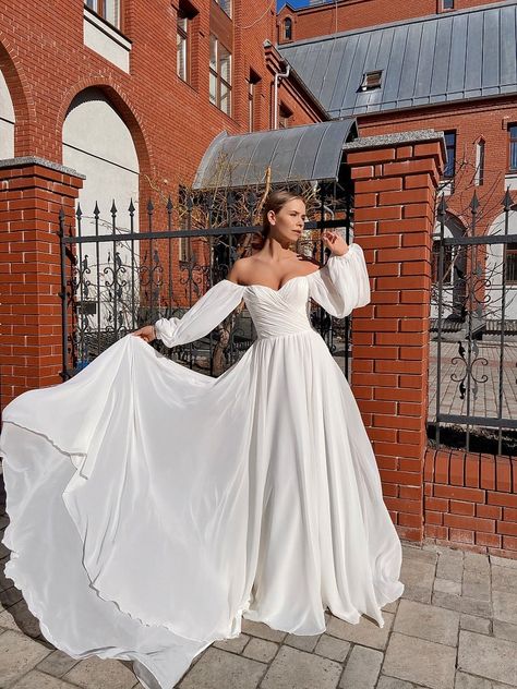 Off The Shoulder Wedding Dress With Sleeves, Long Sleeve Bridal Dress, Wedding Gown With Sleeves, Long Sleeve Bridal Dresses, Silk Wedding Gown, Shoulder Wedding Dress, Off Shoulder Wedding Dress, Wedding Gowns With Sleeves, Chiffon Wedding Dress