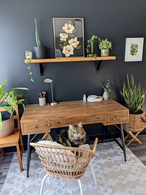 Woodland Office Decor, Sage And Black Office, Greenery Office Decor, Office Nook In Living Room, Earthy Office Decor, Dining Room Office Combo Ideas, Boho Office Space Workspaces, Home Office Green, Green Office Decor