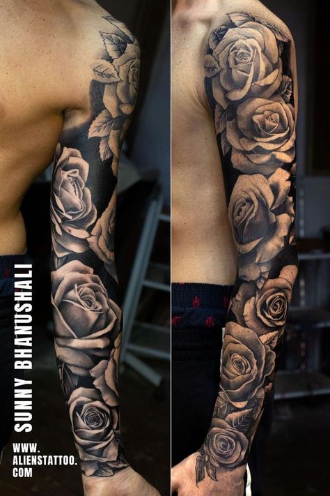 Rose Full Sleeve Tattoo For Men, Roses Sleeve Tattoos For Guys, Full Rose Sleeve Tattoo Women, Black And Grey Roses Tattoo, Tattoo Roses Men, Negative Space Rose Tattoo, Flower Sleeve Tattoo Men, Black And White Tattoo Sleeve, Rose Tattoo Design For Men