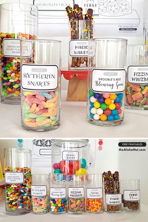 Diy Bertie Botts Beans, How To Decorate For Harry Potter Party, Harry Potter Sweets Table, Harry Potter Sweets Labels, Harry Potter Movie Birthday Party, Universal Studios Themed Birthday Party, Harry Potter Balloon Garland Baby Shower, Harry Potter Candy Table Ideas, Harry Potter Chamber Of Secrets Party Food