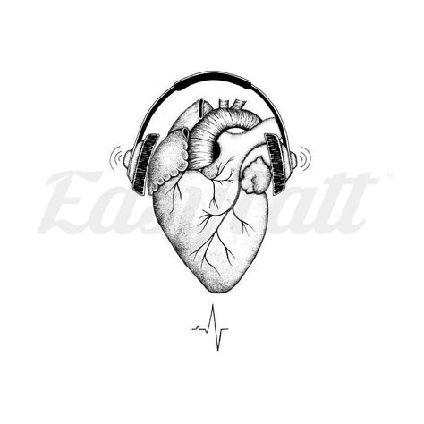 Music Therapy Tattoo Designs, Music Love Tattoo Designs, Heart With Headphones Tattoo, Music Is Healing Tattoo, Heart And Music Tattoo, Tattoo Ideas About Music, Music And Heart Tattoos, House Music Tattoo Ideas, Music Is Therapy Tattoo