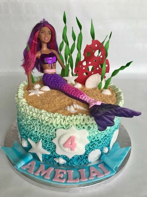 Mermaid Cake Barbie, Mermaid Doll Cake Ideas, Mermaid Cake With Doll, Mermaid Doll Cake, Barbie Mermaid Cake, Mermaid Barbie Cake, Barbie Birthday Cake, Mermaid Barbie, Rock Cake