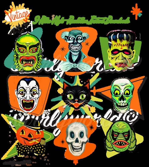 We’re thrilled to offer a Spooktacular collection of ultra-rare vintage Halloween images! Choose from an array of Fangtastic authentic retro designs featuring a delightful mix of kitschy vintage Halloween illustrations from the 1940s, 1960s, 1970s, and 1980s. Each digital image has been expertly remastered, preserving Vintage Halloween Masks Retro, Mid Century Halloween Illustrations, Vintage Halloween Diecut, Midcentury Modern Halloween, Vintage Halloween Monsters, Retro Thanksgiving Images, Vintage Halloween Stickers, Simple Halloween Designs, Graphic Challenge