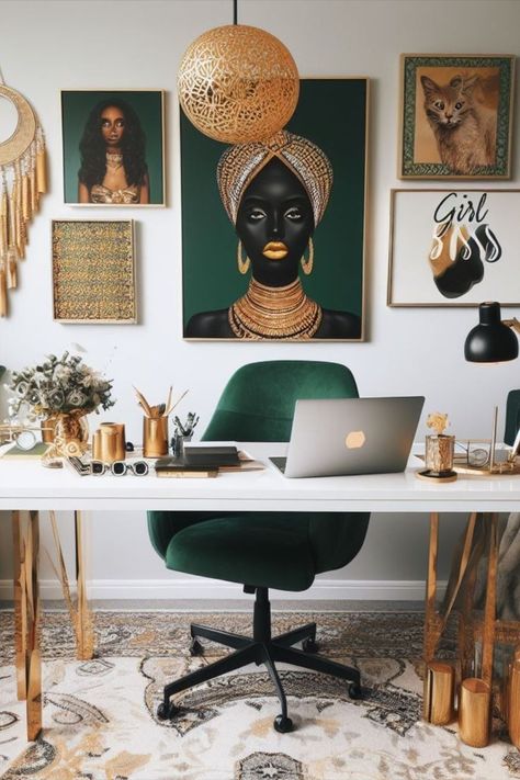 Kanana's office/borrowed office kanana rushea to African Inspired Office Decor, Afrocentric Office Decor, Green Gold Office Decor, Emerald Home Office, Glam Home Office Decor, Afro Boho Office, Gold Office Aesthetic, Black White Green Office, Home Office Earthy