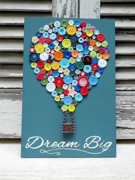 Button Art GREY WINDOW Art Nail Art, Dream Big Little One, Button Art, Button Crafts, Big Little, Wooden Decor, String Art, Hot Air Balloon, Air Balloon