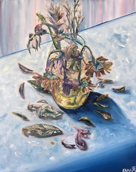 Dead flowers still life painting by Amanda Kamachi.  24 x 30 Oil on canvas.   http://www.amandakamachi.com/gallery Sustained Investigation, Decay Art, Ap Portfolio, Figurative Art Painting, Advanced Higher Art, Dead Flowers, Piskel Art, Sky Art Painting, Paintings Acrylic