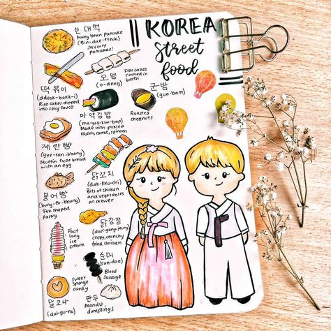 Wenhui 🐻 on Instagram: “DOODLES ❤ - Decided to draw food !!! And shall start with Korea! Hope to do a series of it 😊 - Have a great week ahead!  So many things to…” Korea Food Drawing, Korea Journal Ideas, South Korea Journal Ideas, Korea Drawing Aesthetic, Korea Scrapbook, Korea Doodle, South Korea Drawing, Korea Journal, Dream Korea