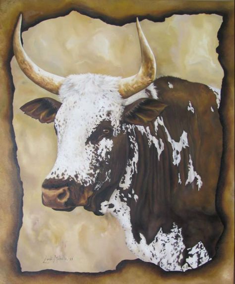 NGUNI BULL IN SEPIA, oil on canvas, 2013 by Landi-Michelle van den Berg Nguni Paintings, Nguni Cows, Nguni Cattle, Bucking Bulls, Bull Painting, Longhorn Cattle, Farm Paintings, Cow Pictures, Texas Art