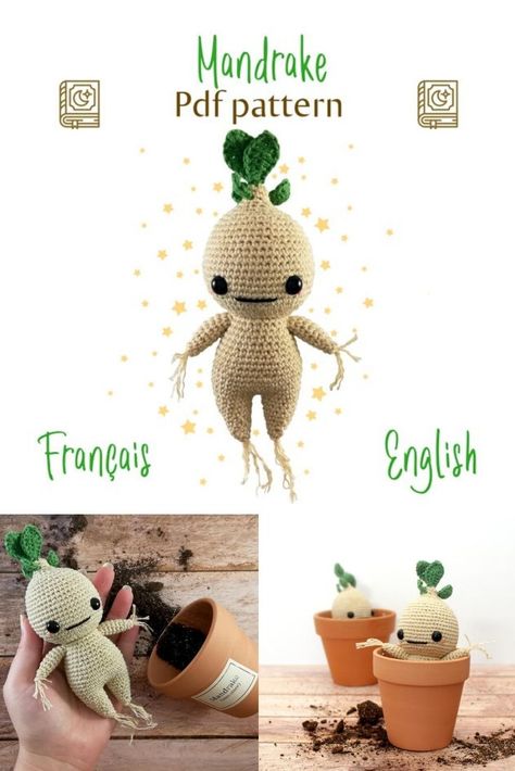 Adorable Harry Potter Inspired Mandrake Crochet Pattern. I love this sweet little mandrake amigurumi! I can't wait to make him! #crochetpattern #crochetamigurumi #amigurumipattern #mandrakepattern #harrypotterpatterns #harrypottercrochet #craftevangelist Doby Crochet Pattern, Mandrake Root Crochet Pattern Free, Crochet Mandrake Pattern, Harry Potter Crochet Amigurumi, Harry Potter Crochet Lovey, Amigurumi Chibi Doll Free Pattern, Harry Potter Inspired Crochet, Mandrake Crochet Pattern Free, Crochet Mandrake Pattern Free