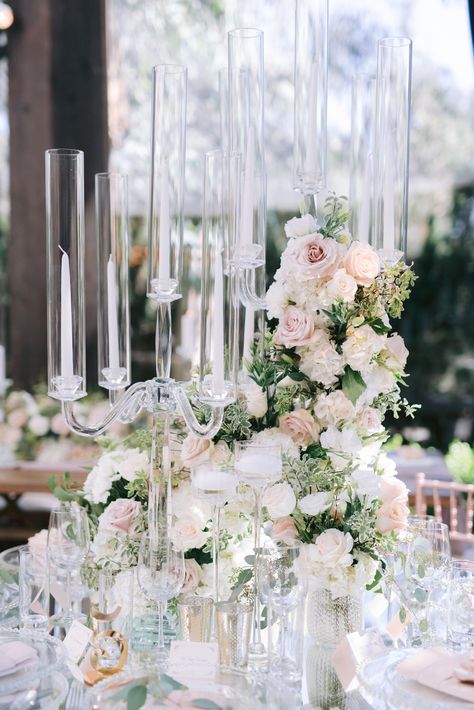 Blush And White Tall Centerpiece Wedding, Tall Centerpiece Wedding, Ivory Centerpieces, Tall Centerpiece, Ashton Gardens, Candelabra Centerpiece, Tall Wedding Centerpieces, Inside Weddings, Punta Cana Wedding