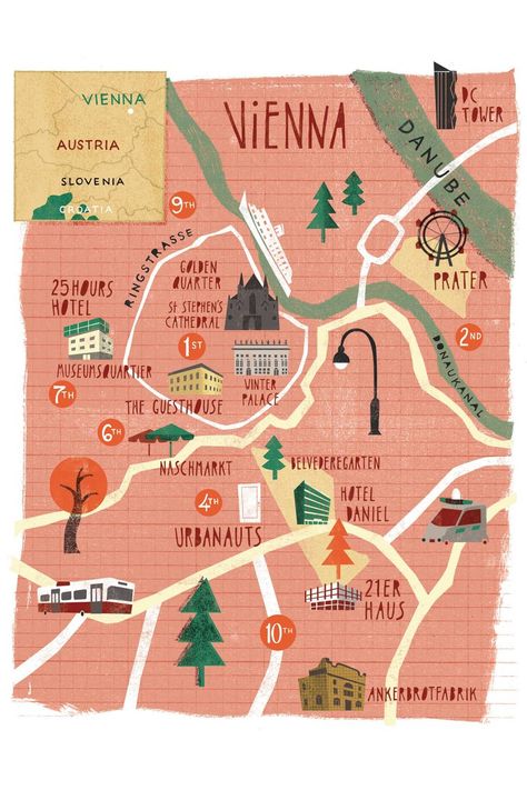 Vienna expert guide | Where to shop, eat and stay in the Austrian city | CN Traveller Aventura Time, Interrailing Europe, Maps Design, Things To Do In Vienna, Vienna Travel, Cesky Krumlov, Austria Travel, Voyage Europe, Illustrated Map