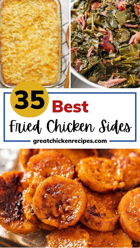 These side dishes for fried chicken will allow you to make the ultimate comfort food meal. You’ll find a range of southern classics along with new favorites to serve with your crispy chicken main dish. #chicken #recipes #friedchicken #southernfood #comfortfood Dinner Sides Easy For Chicken, Traditional Home Cooked Meals, Sunday Dinner Sides Ideas, Southern Food Sides, Fried Chicken Ideas Dinners, Side Dishes Fried Chicken, Dinner Ideas With Fried Chicken, Comfort Food Sides Dishes, Southern Dinner Sides