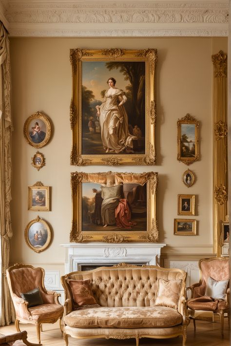 Baroque Castle Interior, Historical Art Aesthetic, Victorian Mantle Decor, Antique Living Room Ideas, Art Deco Livingroom, French Living Room Decor, Baroque Interior Design, Antique Living Room, Salas Living Room