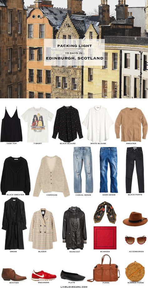 WHAT TO PACK FOR EDINBURGH, SCOTLAND (Summer) | Sara Watson  MAY 2, 2018 What To Wear In Scotland In July, Scotland Capsule Wardrobe, Scotland Fashion Summer, Outfits For Scotland, Scotland Outfit Summer, Scotland Travel Outfits, Scotland Style, Scotland Outfit, Packing List Spring