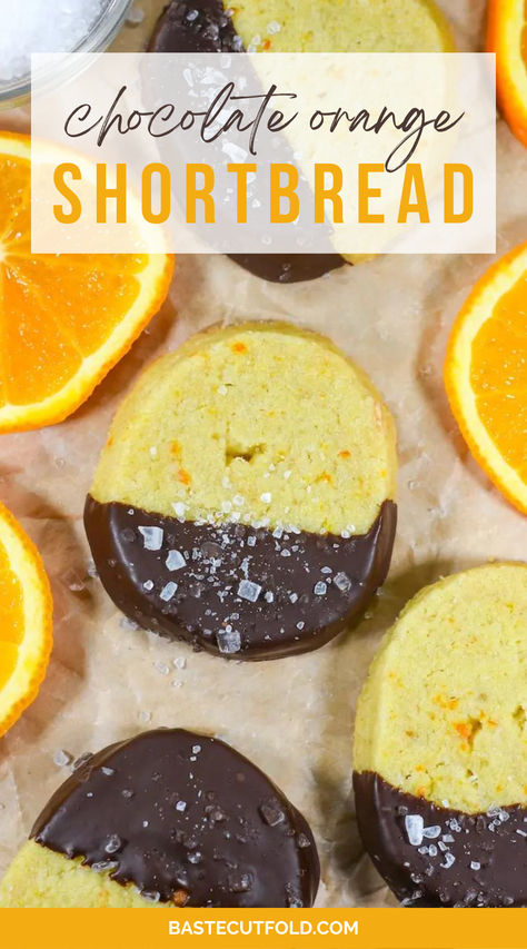 Featuring orange oil, juice, and zest, plus a dunk in melted dark chocolate and a generous sprinkling of sea salt, these easy shortbread cookies will delight chocoholics and orange lovers alike. Chocolate Orange Shortbread, Best Shortbread Cookie Recipe, Carmel Chocolate, Best Shortbread, Biscuits And Cookies, Orange Shortbread, Best Shortbread Cookies, Orange Dessert, Shortbread Cookies Easy