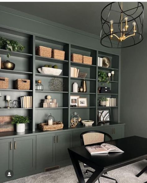 Forest Green Bookcase, Charcoal Gray Built Ins, Green Shelves Living Room, Built In Bookshelves Green, Green Office Bookshelves, Dark Green Built In Bookcase, Dark Green Bookshelves, Dark Green Bookcase, Dark Green Built Ins