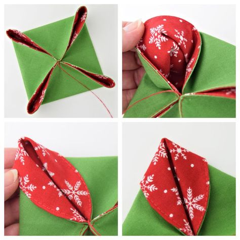 Diy Christmas Decorations With Fabric, Simple Sewing Christmas Ornaments, Sewing Xmas Ornaments, Folded Fabric Christmas Tree Ornaments, Quilted Christmas Ornaments Diy, Folded Fabric Star Ornaments Free Pattern, Folded Christmas Ornaments, Folded Fabric Christmas Ornaments, Christmas Ornaments Homemade Fabric